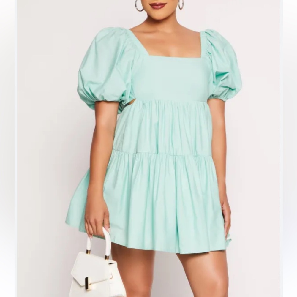 Mint Green Puff Sleeve Dress Cute Tie Back